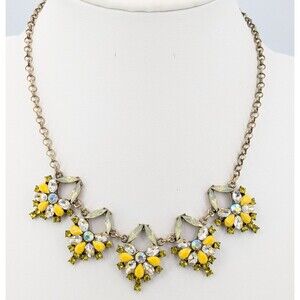 LOFT Statement Necklace Yellow Green Rhinestone Floral Gold Tone Resin 19 Inch